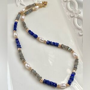 GP39-Handmade Labradorite, Lapis And Freshwater Pearl Necklace